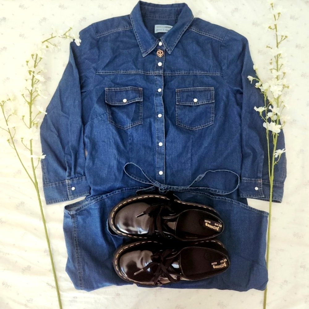 Vintage Navy Blue Denim Like Button Up Maxi Dress